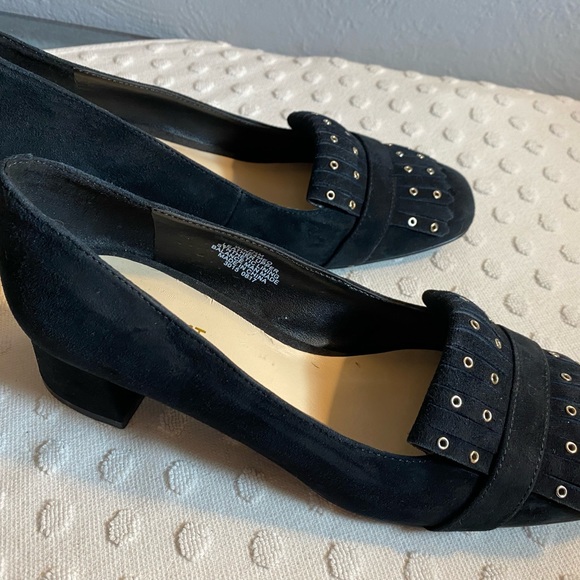 NINE WEST Black Suede Kiltie with Studs Block Mid Heel Slip-On Loafer - Picture 6 of 15
